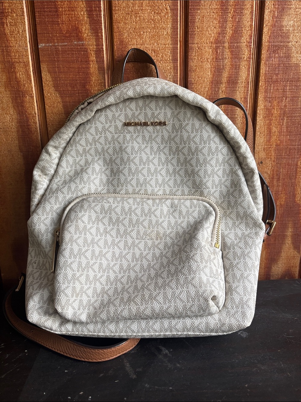 Michael Kors Cream Logo Backpack with Brown Trim
